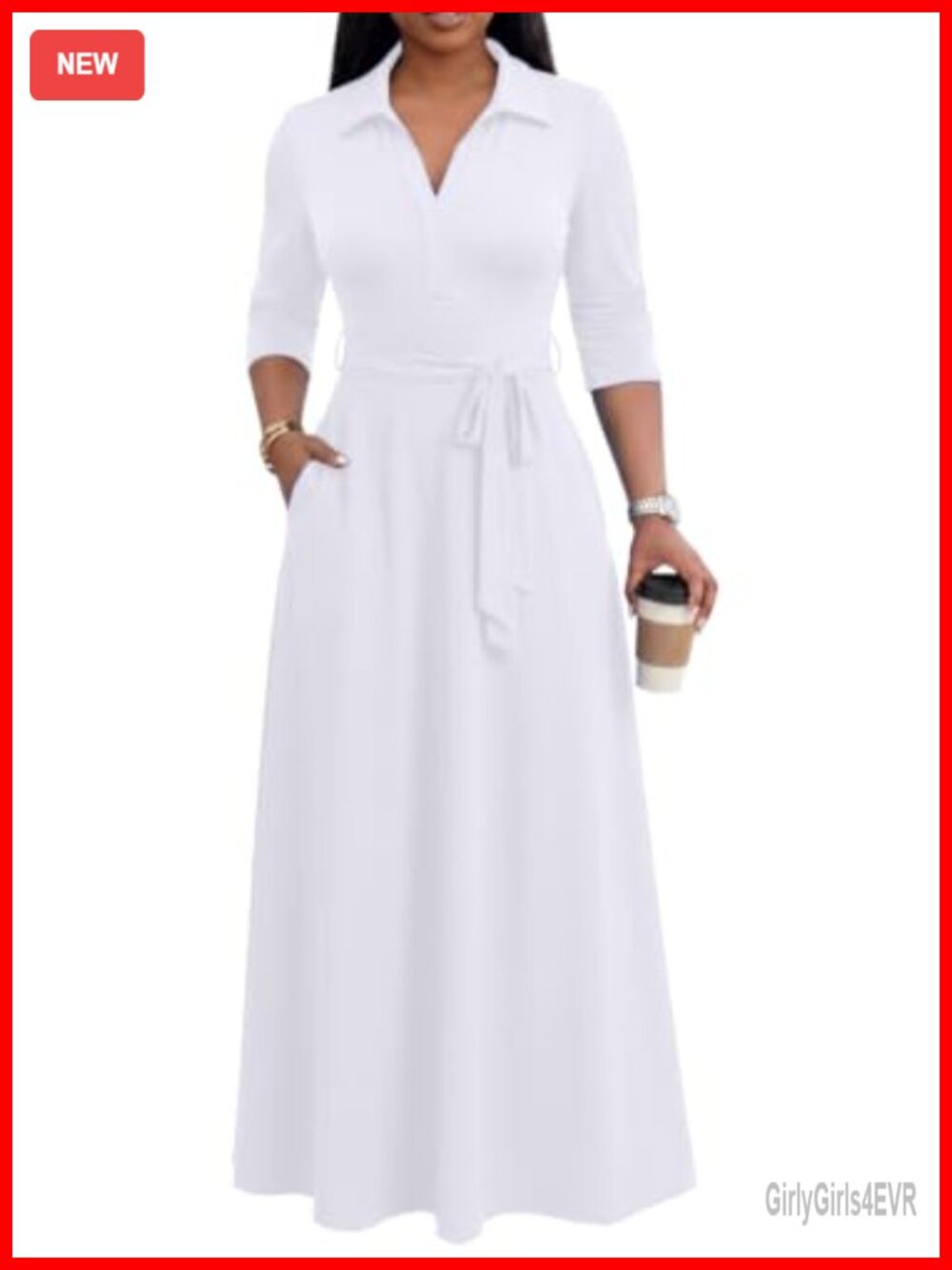 Maxi Dress 3/4 Sleeve V-Neck Formal Church Dress with Pockets